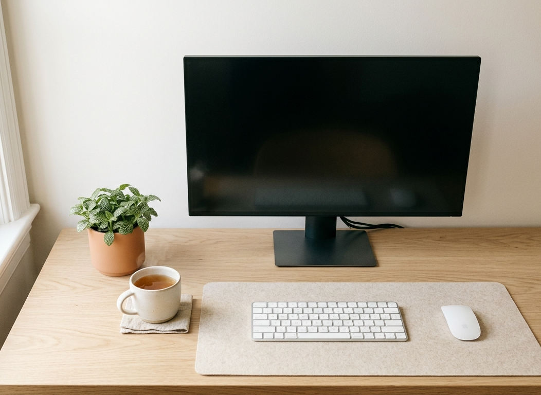 Pracovný stôl s vypnutým monitorom a šálkou čaju — symbolika digitálneho detoxu