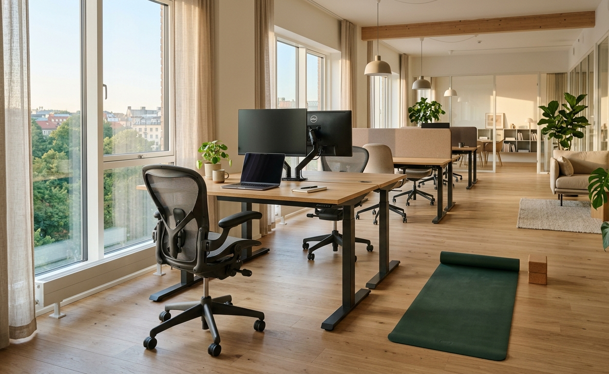 Človek vykonávajúci jednoduché strečingové cviky pri pracovnom stole