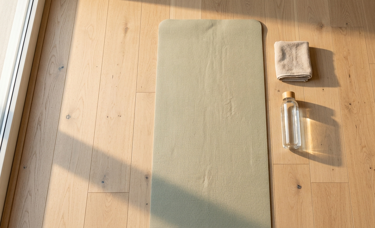 Ranné svetlo v miestnosti s rozloženou jogamatkou pripravenom na cvičenie